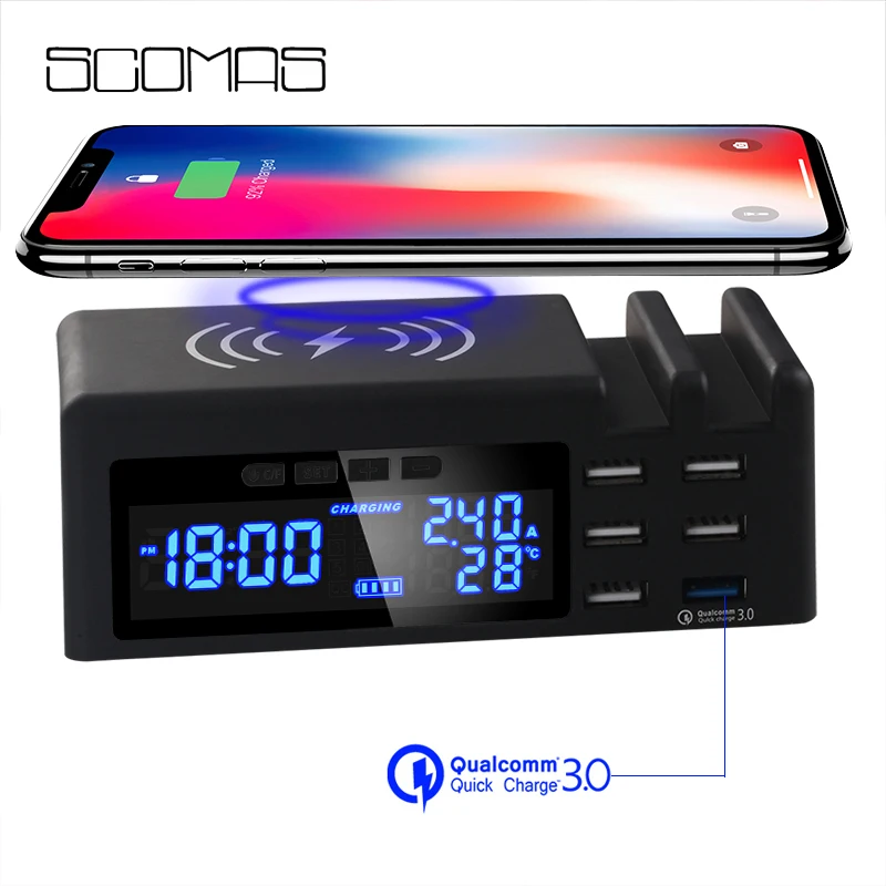 

SCOMAS Wireless Phone Charger 48W 3in1 6 Port USB SmartSocket Time Charger Home Travel Multi Power Adapter LCD QC3 Quick Charger