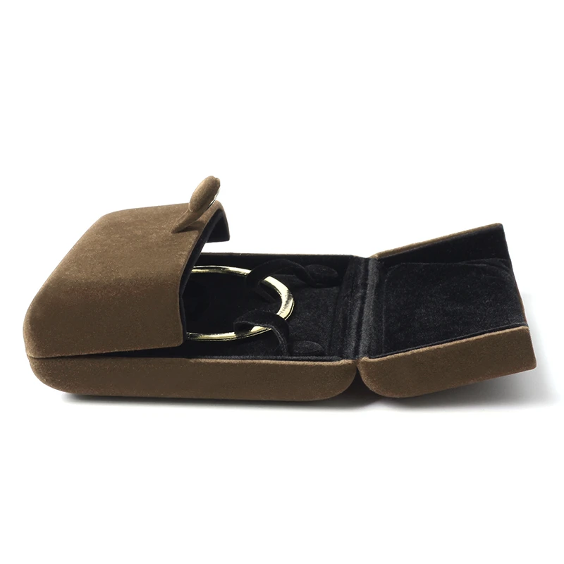 

Velet Brown Ring Earring Jewellery Packaging Gift Box Secret Button Portable Built-in Black Suede For Women Jewelry Organizes