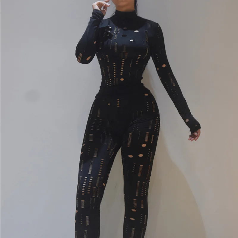 Fall  Biker Style Two Piece Set Women Autumn Hollow Out Long Sleeve Turtleneck Top+Solid Sheath Stretchy Waist Female Pants women s hollow out fashion solid sexy casual pencil skinny jeans 2023 female high waist stretchy jeans lace up slim denim pants