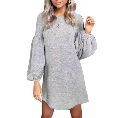 Шикарное женское платье, Осеннее однотонное длинное платье с рукавами-фонариками, теплый вязаный свитер, мини платье, праздничное платье - Цвет: Grey