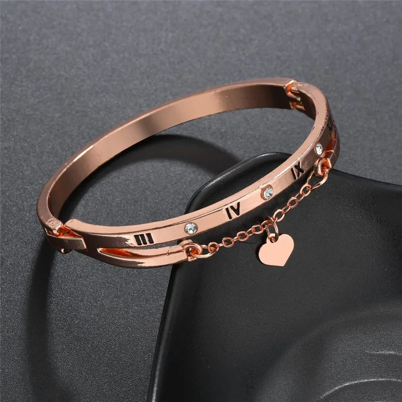 Bangle Bracelet Chain Bracelet LETAPI Rose Gold/Gold/Silver Color Bracelets & Bangles Heart Roman numerals Charm Bracelet for Woman
