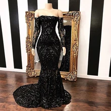 Черное платье русалки для выпускного вечера с открытыми плечами и длинными рукавами, с кружевной аппликацией и блестками, вечерние платья CP361