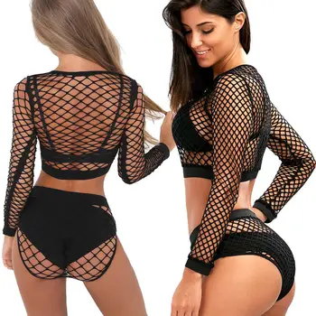 

2020 Summer Feminino Women Sexy Fishnet Transparent Swimwear Hollow Mesh Crop Top and Panties 2Pcs Fishnet Sets Bathing Suit
