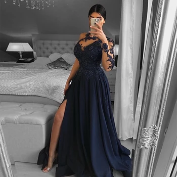 

Girls Jewel Side Slit Beaded Appliques Navy Bridesmaids Dress Long with Sleeve
