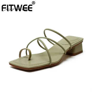 

FITWEE Women Summer Sandals Shoes Cool Square Low Heels Slippers Ladies' Fashion Solid Real Leather Shoes Women Size 34-39