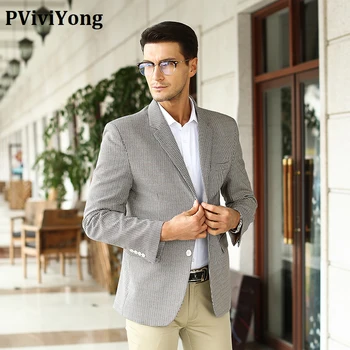 

PViviYong brand 2020 Koera high quality men's top suit jacket gray grid leisure business slim fit suit men blazer 1717