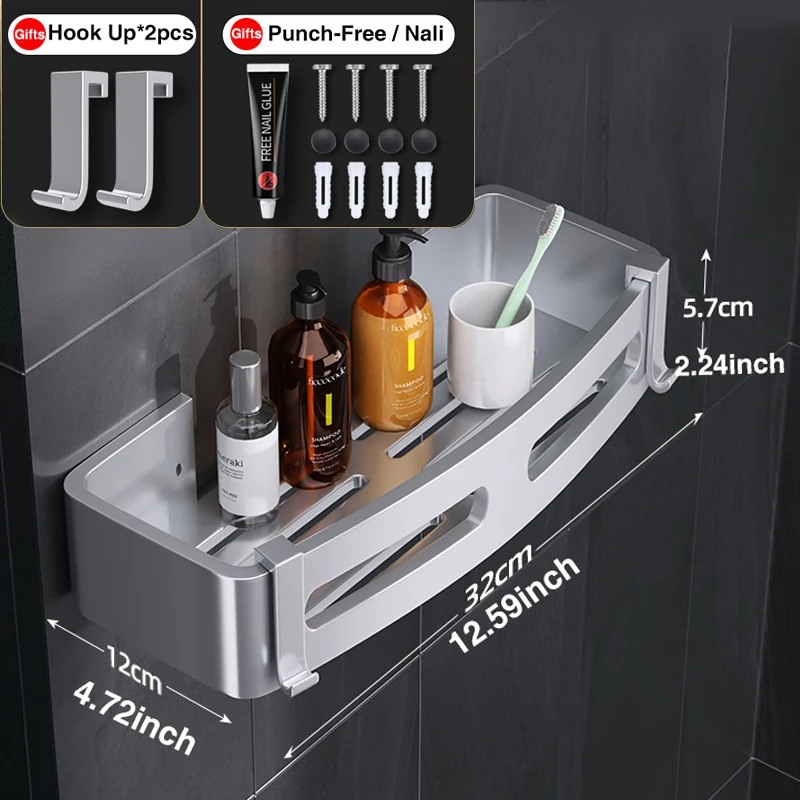 Space Aluminum Bathroom Shelf Shower Shelves Nodrill Wall Mount Shower