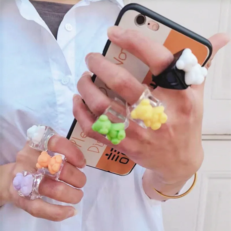 Cute Funny Bear Animal Acrylic Rings For Women Cartoon Colorful Resin Transparent Wide Finger Ring For Girl Party Jewelry Gift