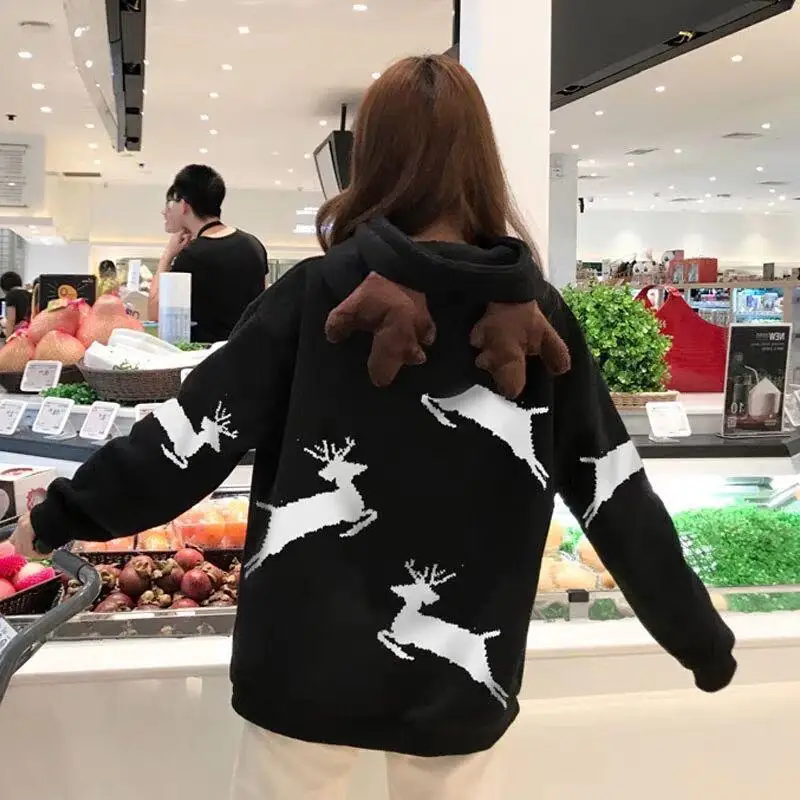 Merry Christmas Толстовка большого размера Kpop Kawaii Harajuku Женская толстовка с принтом снежного оленя осенний зимний Бархатный спортивный костюм - Цвет: Черный