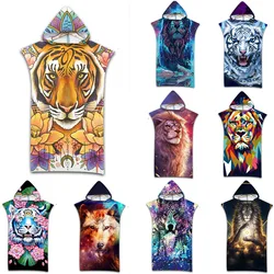Printed Tiger Lion Wolf Microfiber Quick Drying Beach Towel Hooded  Changing Poncho Adult Kids Customized Bathrobe Surf Cloak
