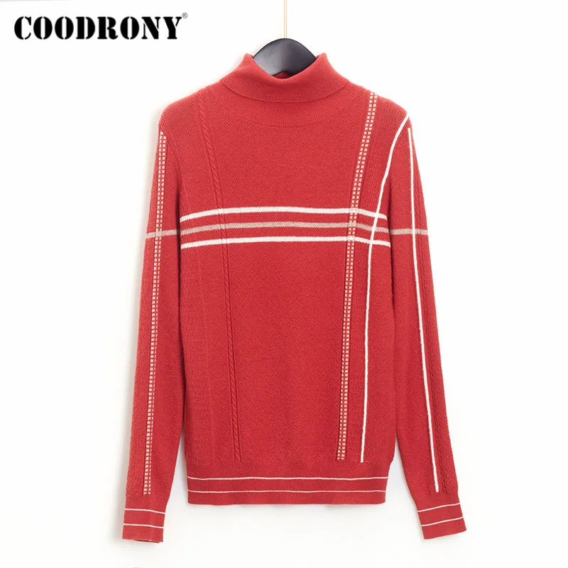 

COODRONY Brand Streetwear Elegant Striped Pure Wool Sweaters Women Stand Collar Knitting Slim Turtleneck Jumpers Female W1119