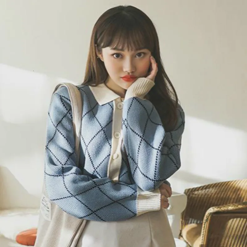 

Women Autumn winter Argyle Sweater Coat Knitted Cardigan Long Sleeve Casual Pull Femme Jersey Sueter Mujer Truien Dames