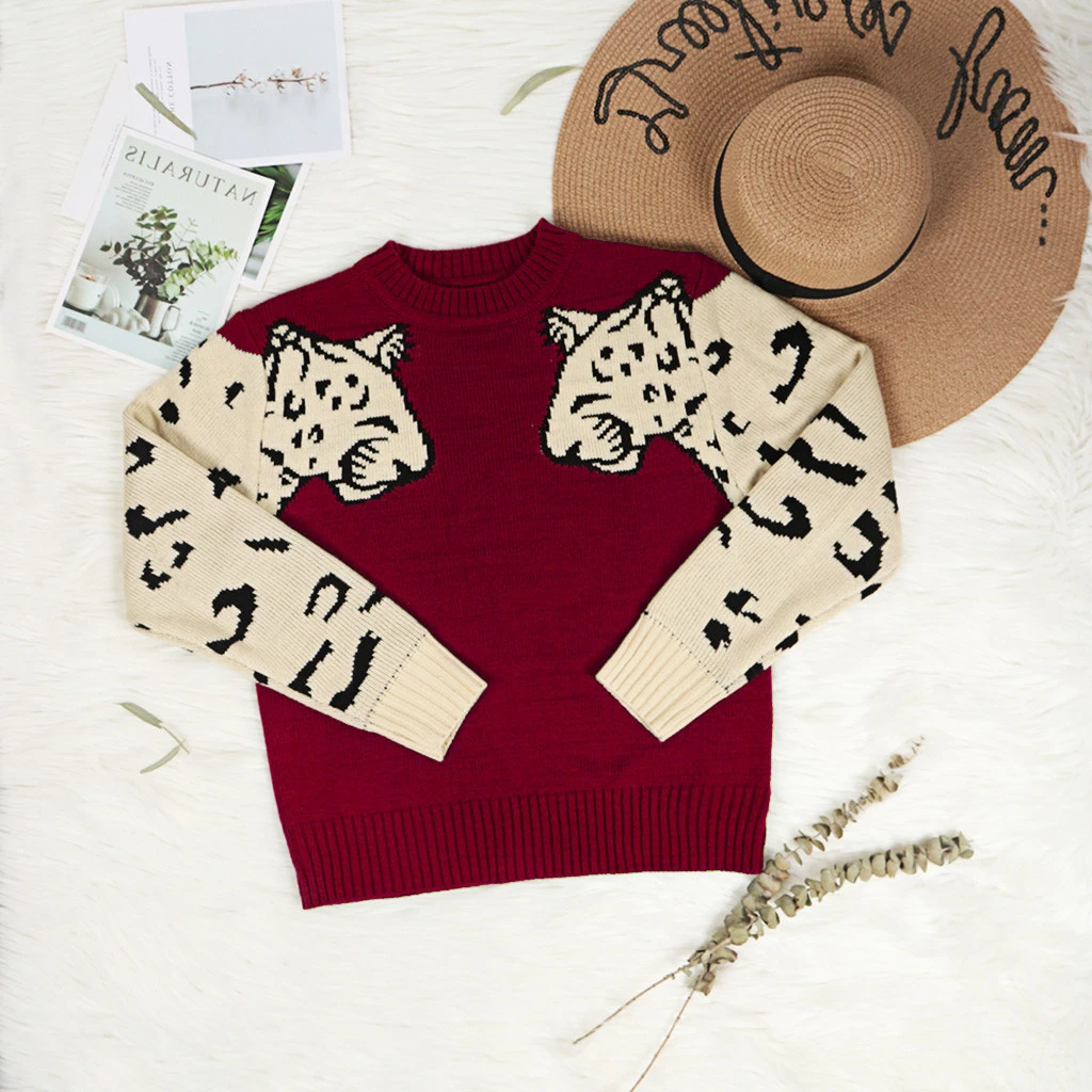 CHAMSGEND Women Patchwork Leopard Knitting Pullover Casual O-Neck Autumn Winter Thick Cashmere Tops Loose Sweater 1001