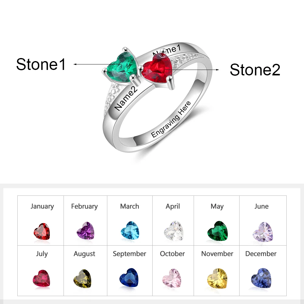 JewelOra Customized Mother Rings with 2 Heart Birthstones Personalized Gift Silver Color Copper Engraved Name Rings for Women - Image 2