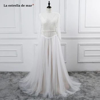 

robe mariee boheme new lace tulle high neck long sleeve A Lina ivory vintage wedding dress real photo vestido de novia civil