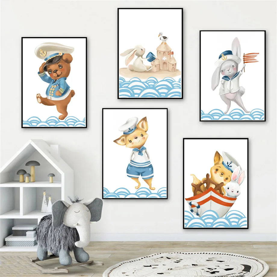 Captain Rabbit Bear Sea Map Ship Sailing Cartoon Wall Art Canvas Painting Nordic Poster And Prints Wall Pictures Kids Room Decor Painting Calligraphy Aliexpress