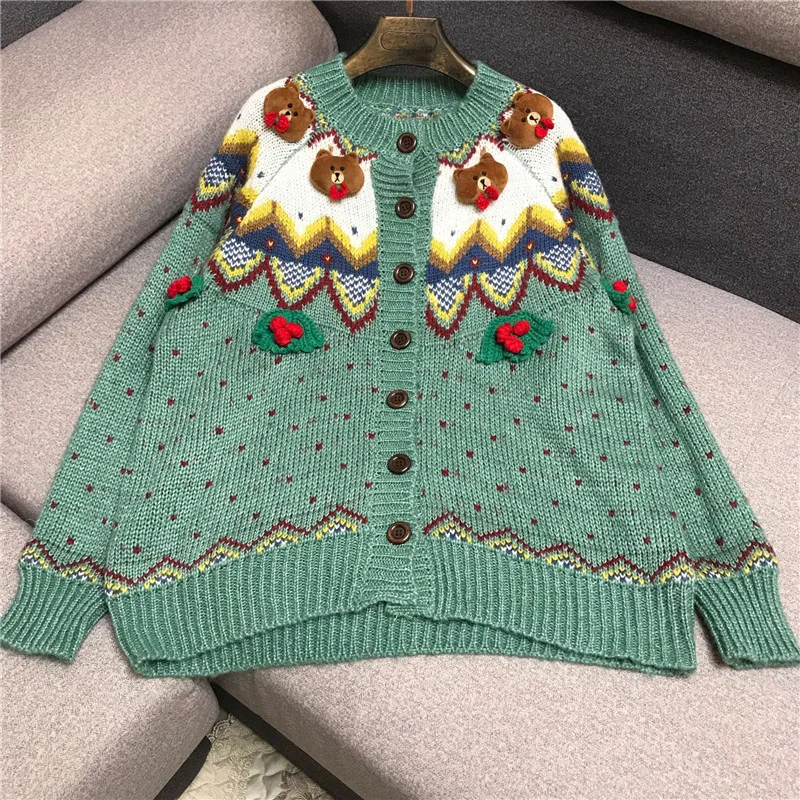 Luxury Designer Brand Knitted Cardigans for Women Vintage O Neck 3D Bears Loose Sweater |