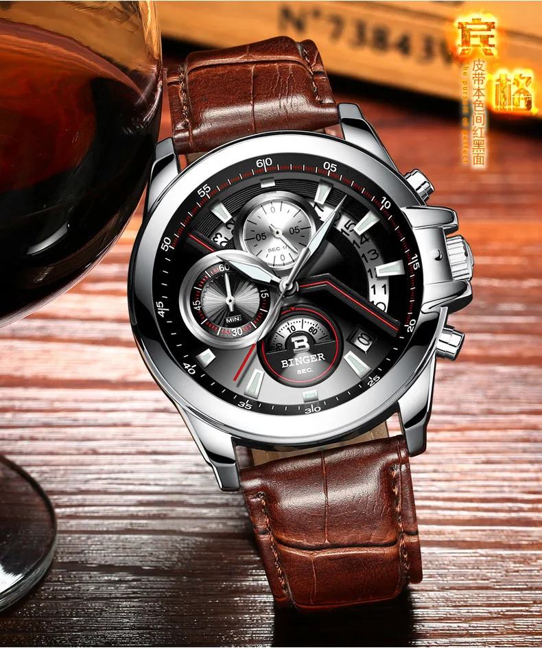 Мужские часы, Роскошные, Лидирующий бренд, Бингер, большой циферблат, дизайнерский хронограф, водонепроницаемые, полностью из нержавеющей стали, кварцевые мужские часы, B-9016-4