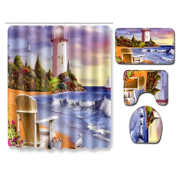 

1 Pack Sea Lighthouse Bath Shower Curtain Bathroom Products Non Slip Toilet Cover Mat Floor Pad Accessories Ornaments