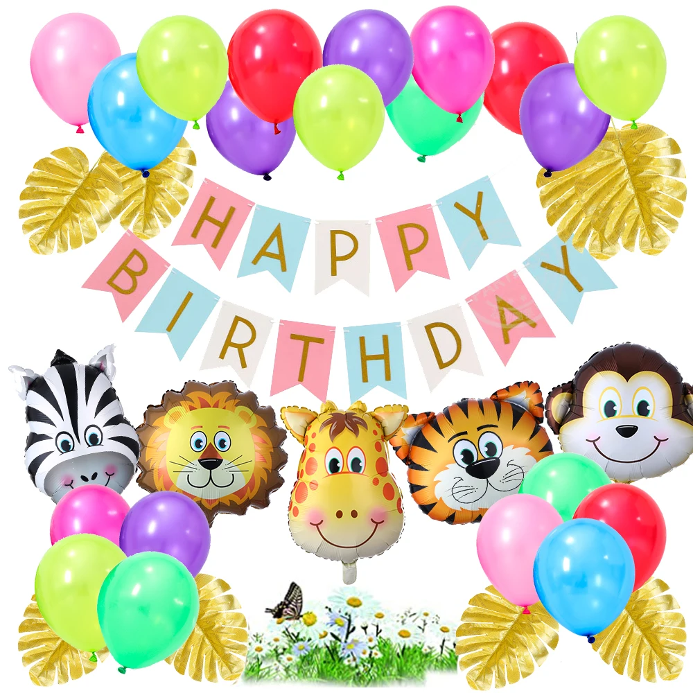 Ballons A Theme D Animaux De Zoo 34 Pieces Lot Decoration En Feuilles Banniere Joyeux Anniversaire Fete Pour Enfants Premiere Fete Pour Enfants Aliexpress