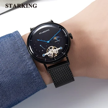 

STARKING Design Top Brands Men Watches Stainless Steel Tourbillon Waterproof Mechanical Wristwatch Men Black Clock reloj hombre