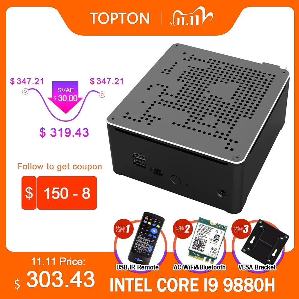 Мини ПК TOPTON Intel i9 10880H 9880H i7 9850H 2 LAN * DDR4 64 Гб M.2 PCIE + SATA игровой компьютер Win10 Pro 4K HDMI DP AC