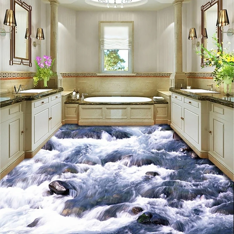 Custom 3D Floor Mural River Waterfall Natural Scenery Self-adhesive Wallpaper Bathroom Floor Background Wall Decor Wall Paper