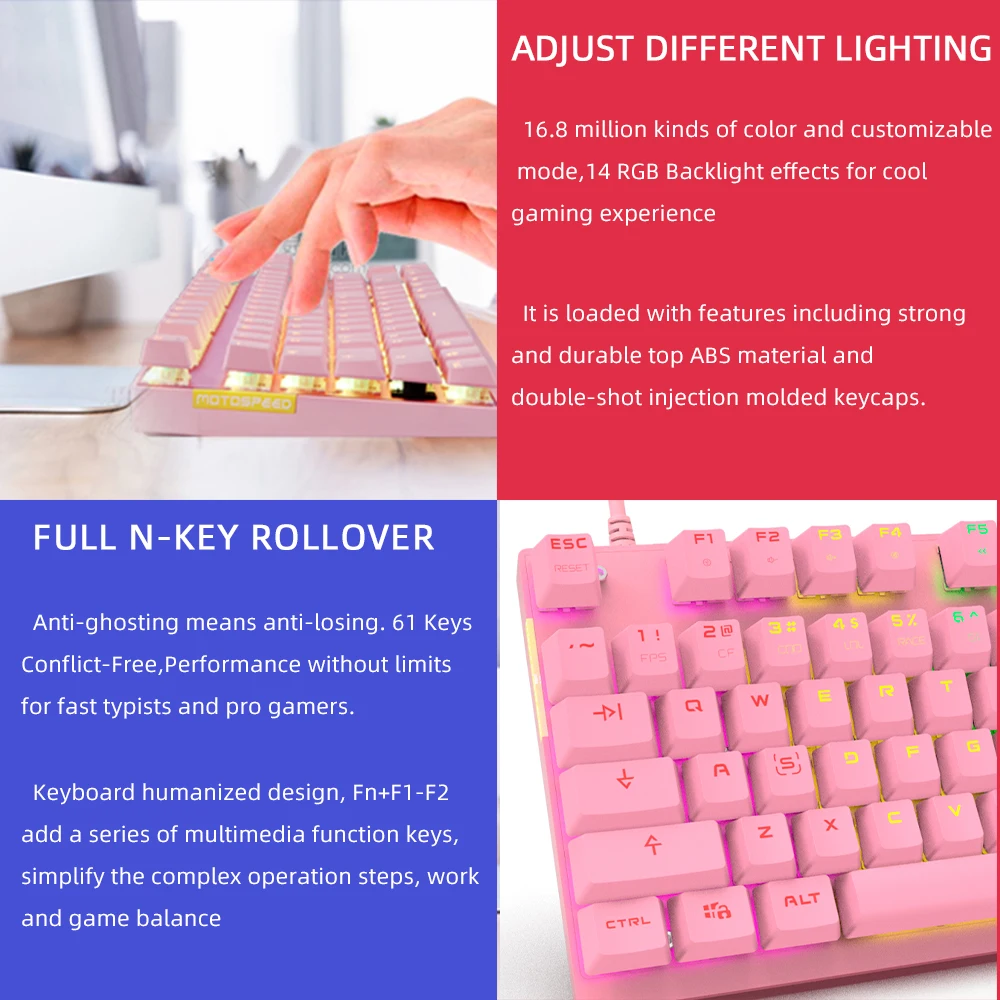 MOTOSPEED Professional Gaming Mechanical Keyboard RGB Rainbow Backlit 87 Keys Illuminated Computer USB for Mac & PC Pink