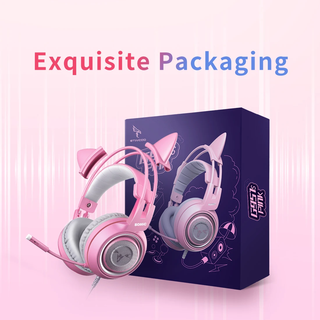 SOMIC Gaming Headphones Wired Cat Ear 3.5mm Plug Pink Cute Headset for