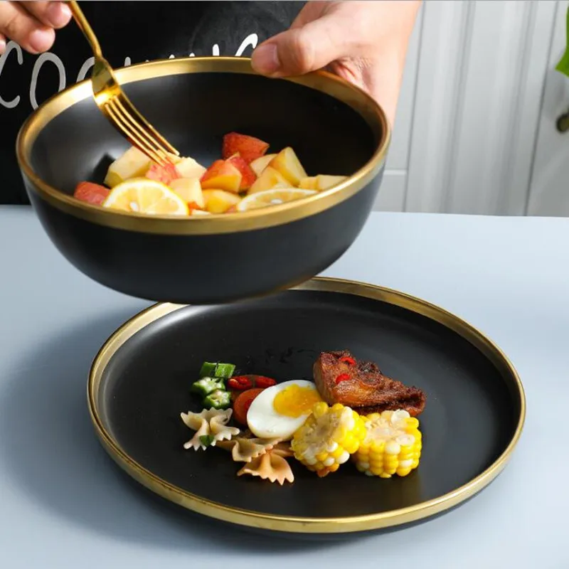 1Set Matte Gold Inlay Black Porcelain Dinner Sets Kitchen Plate Set Food Dishes Rice Salad Noodles Bowl