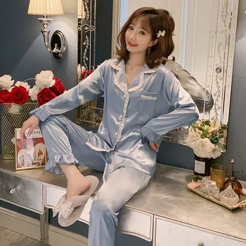 

2020 Spring Sweet Princess Silk Satin Long Sleeve Pajama Set for Women Sleepwear Suit Outwear Homewear Pijama Mujer Home Clothes