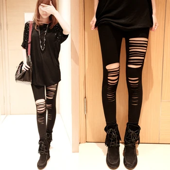 

New Sexy Women Skinny Goth Punk Slashed Ripped Cut Out Slit Stretch Pants Leggings Black Hole Trousers Women Pencil Leggings
