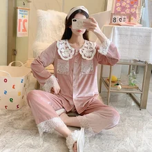 2021 Autumn Winter Korean Sweet Lace Golden Velvet Pajamas Women's Long Sleeve Loose Large Home Clothes Pants Set Temperament