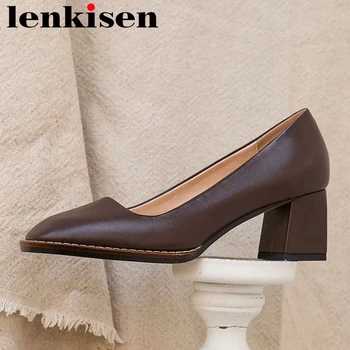 

Lenkisen limited customization full grain leather handmade high quality square toe high heels shallow slip on fashion pumps L95