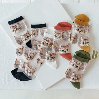 

Cool Glass Silk Socks Women Animal Transparent Cat Socks Femme Summer Thin Long Tulle Socks Dress Streetwear Calcetines Muje