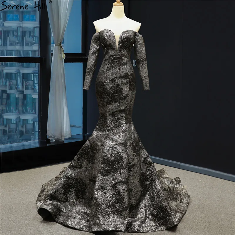 Black silver Черное серебряное свадебное платье Русалка с длинным рукавом с открытыми плечами, сексуальное простое свадебное платье для невесты, беззаботный холм CHM66840 - Цвет: Black silver