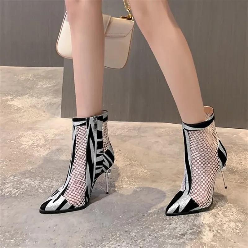 2020 Summer Zebra Print Ankle Boots For Woman Lace Mesh Hollow Cutout Lady Shoes Boots Rhinestones High Heel Sandals Big Size 50 (28)
