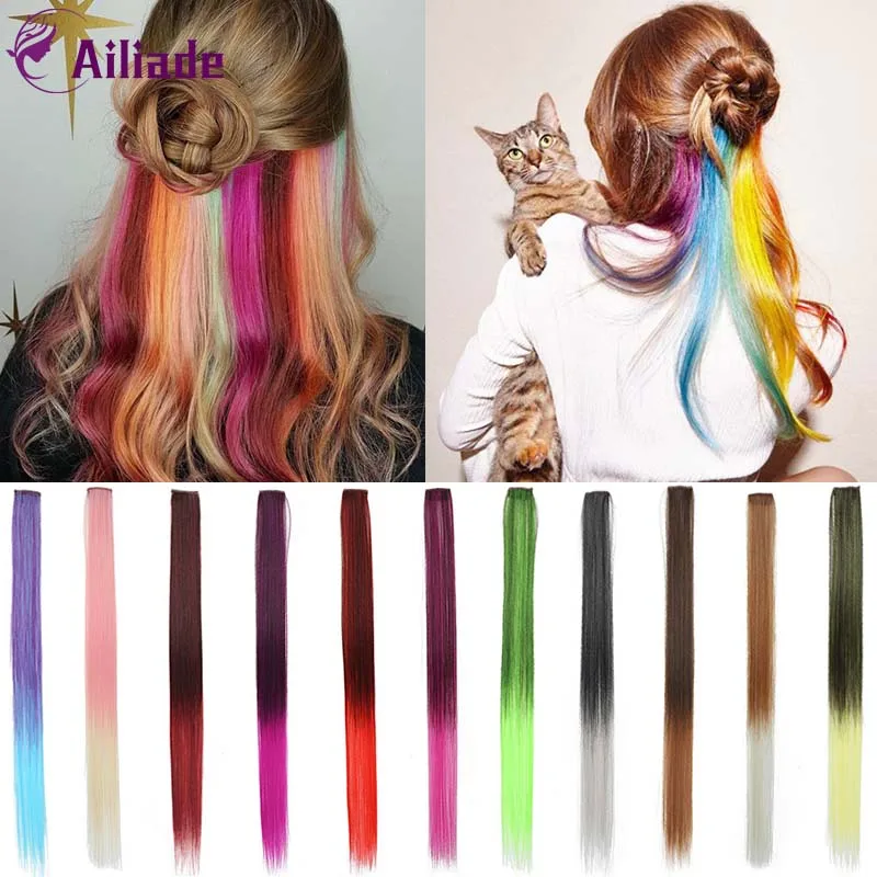 AILIADE, 24 дюйма, длинные прямые цветные волосы на заколках, цельные волосы для наращивания, радужные волосы в полоску, синтетические волосы розового цвета