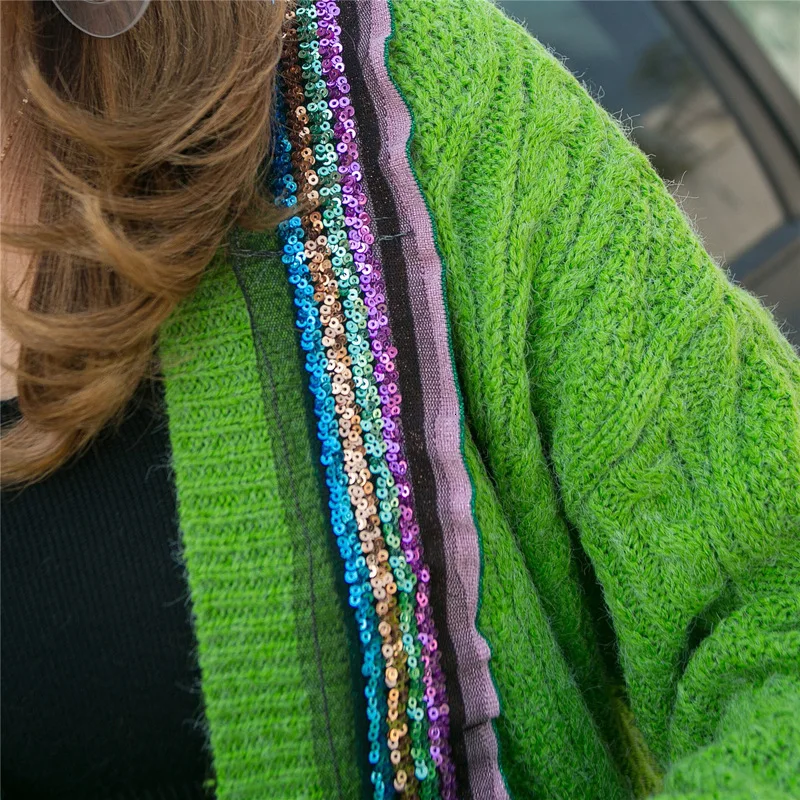 Vefadisa Sequin Cardigans Sweater Woman Winter Lace Patchwork Sweater Thick Casual Female Single Breasted Green QYF1007