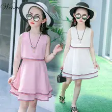 Weixu/шифоновые платья принцессы для девочек милое розовое однотонное платье без рукавов с оборками и подвеской для детей от 3 до 14 лет, Детская летняя одежда