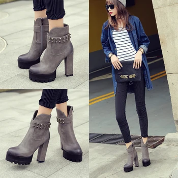 

Hot Fashion Boots Women Autumn Winter Zip Strap Soft Platform Shoes Woman Party Ankle Boots Super High Heels Rivet Decoration