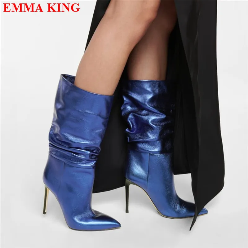 

Fashion Women Autumn Pleated Mid Calf Boots Femme Pointed Toe High Heels Knight Boots Sexy Ladies Slip On Party Shoes Woman 2021