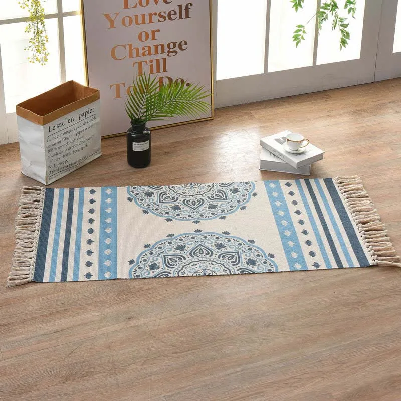 Bohemian Cotton Weave Welcome Door Mat Handmade Geometric Bathroom Carpet With Tassel Prayer Rugs