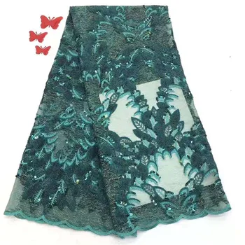 

latest Fashion green French Tulle Lace Fabric With Sequins Lace High Quality African Nigerian Mesh Lace Fabric For Party