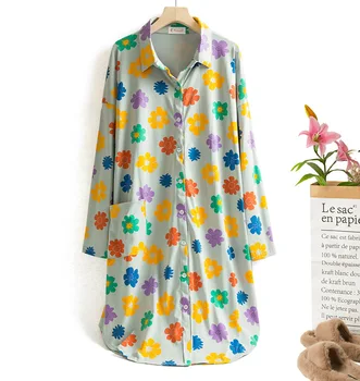 

2020 Sunflower Mid-Length Pyjama Women Autumn Long-Sleeved Nightdress 100% Cotton Loose Shirt Collar Home Service Sleepwear