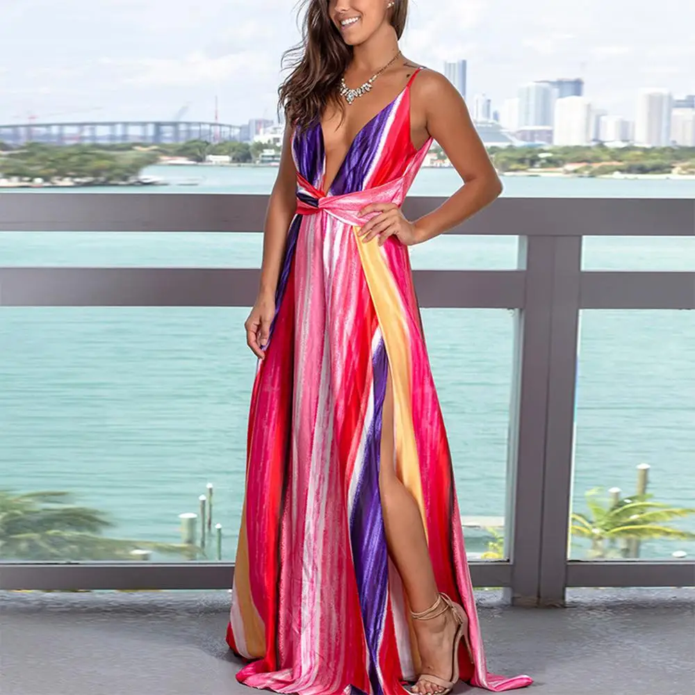 Bohisen Women's Sling Floral Long Dresses arrival Summer Boho V-Neck Sleeveless Evening Party Beach Maxi Dress Casual Sundress