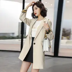 Высококачественная Женская куртка, новый тонкий однотонный Длинный блейзер на одной пуговице, повседневный офисный костюм с длинными