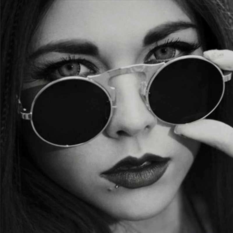 

iboode Steampunk Sunglasses Round Metal Oculos De Sol Women Style Retro Flip Circular Double Metal Men Circle Sun Glasses UV400