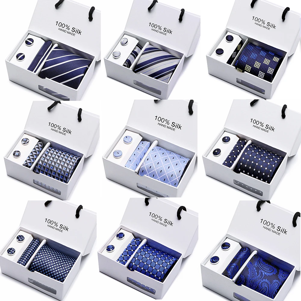 

Luxury New Classical Tie Set With Gift Box Jacquard Woven 100% Silk Blue and Red Tie Hanky Cufflinks Necktie Sets Wedding Party