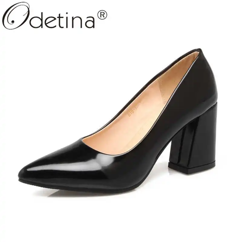 

Odetina Women Fashion Non-slip Pointed Toe Concise Dress Shoes Office Lady Block High Heel Patent Leather Slip On Party Shoes